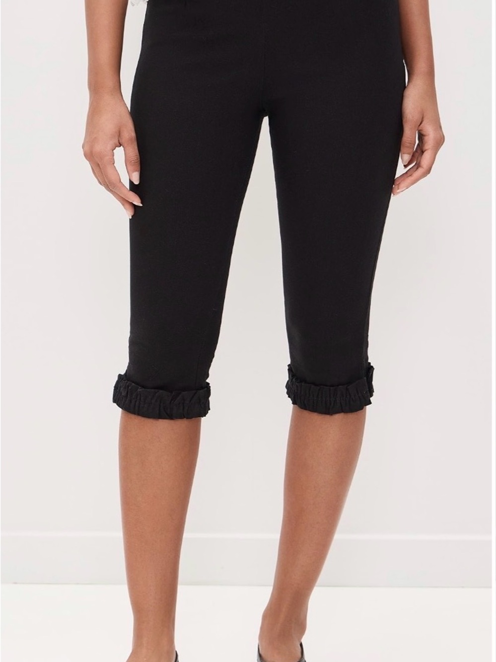 Black Ruffle-Hem Capri Pants